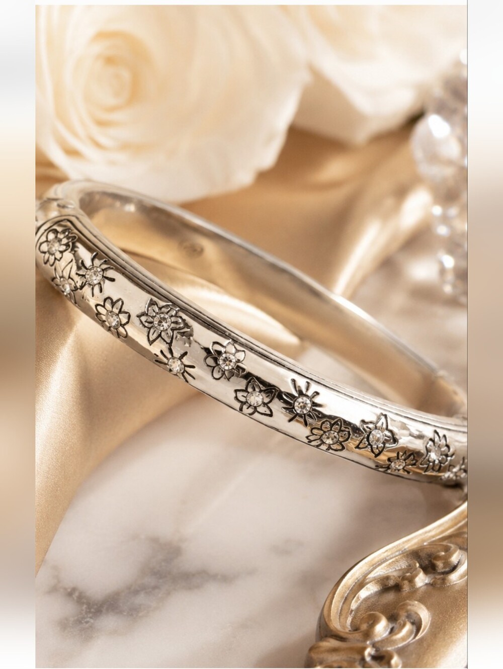 Brighton Sparkling Heart Crystal Floral Hinged Bangle Bracelet NWT Silver Plated